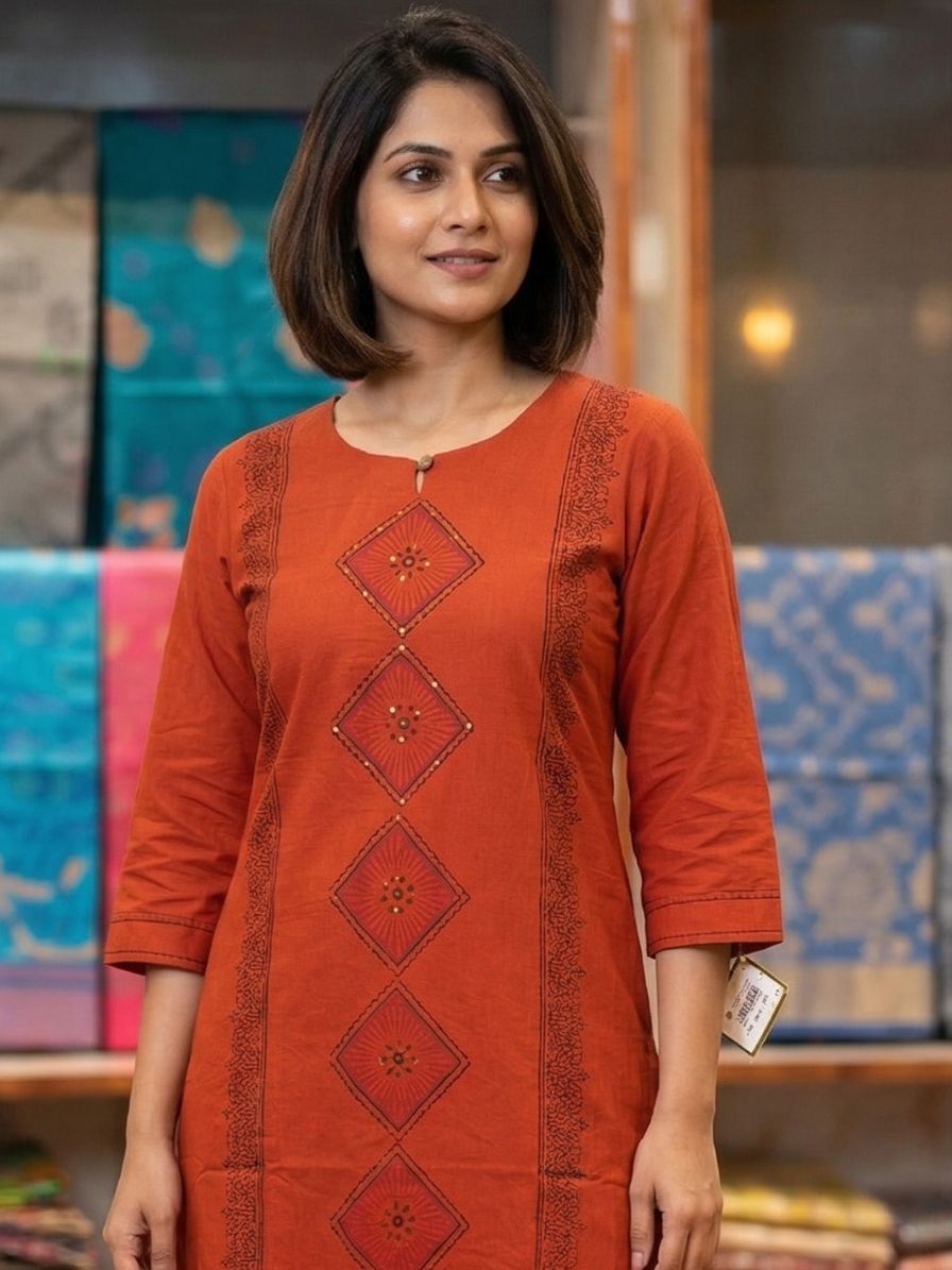 Rust orange Block printed Cotton Kurta
