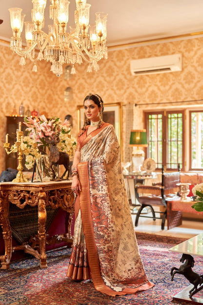 Kalamkari Digital Printed Semi Silk Saree - Brick temple Border