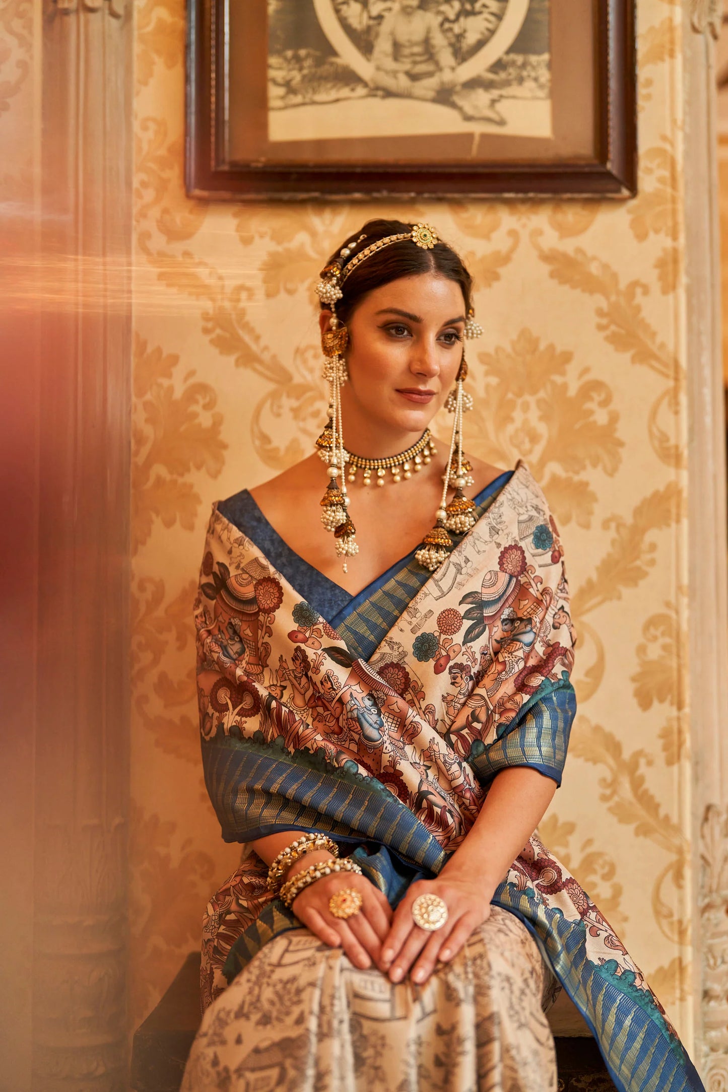 Kalamkari Digital Printed Semi Silk Saree - Blue temple Border
