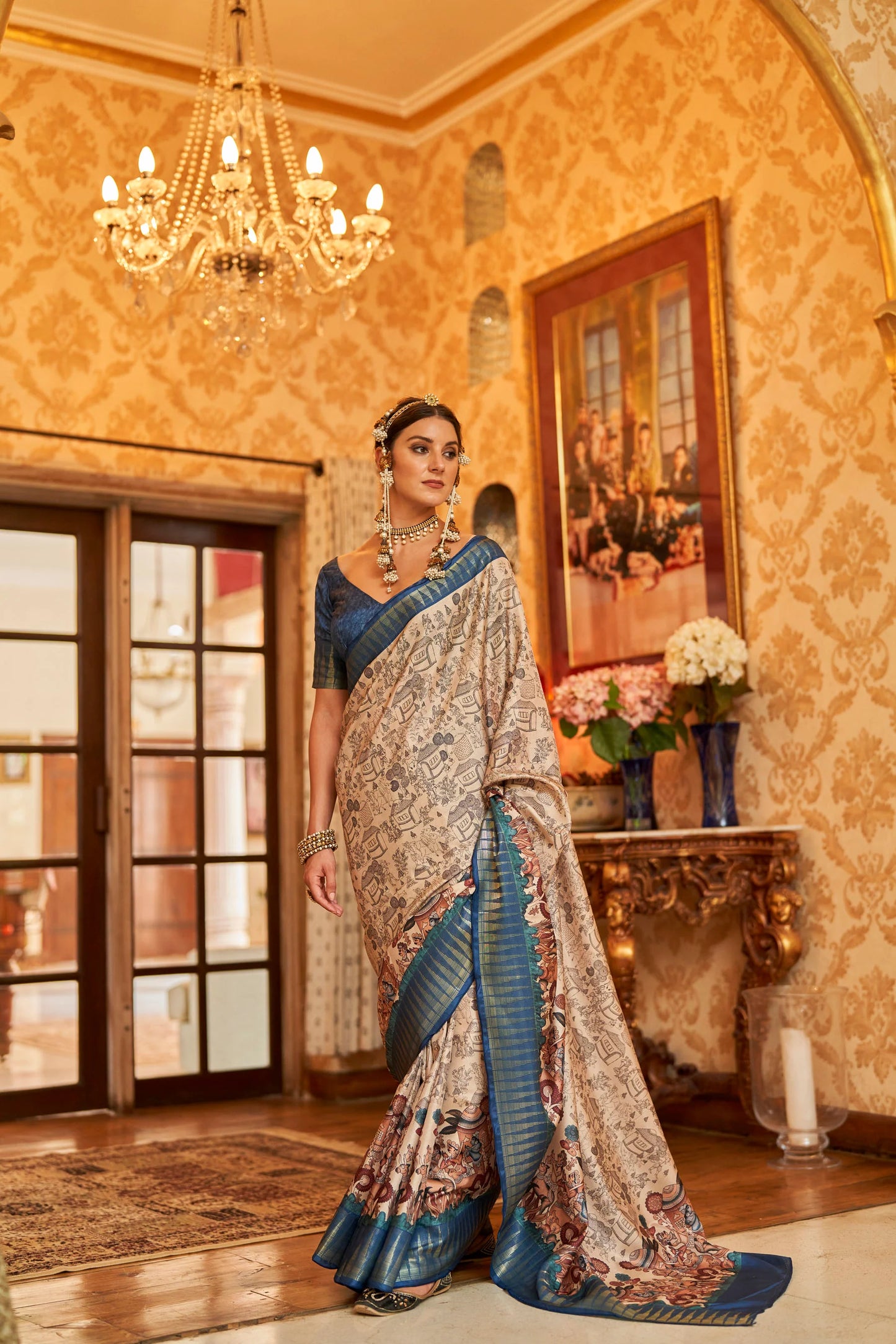 Kalamkari Digital Printed Semi Silk Saree - Blue temple Border