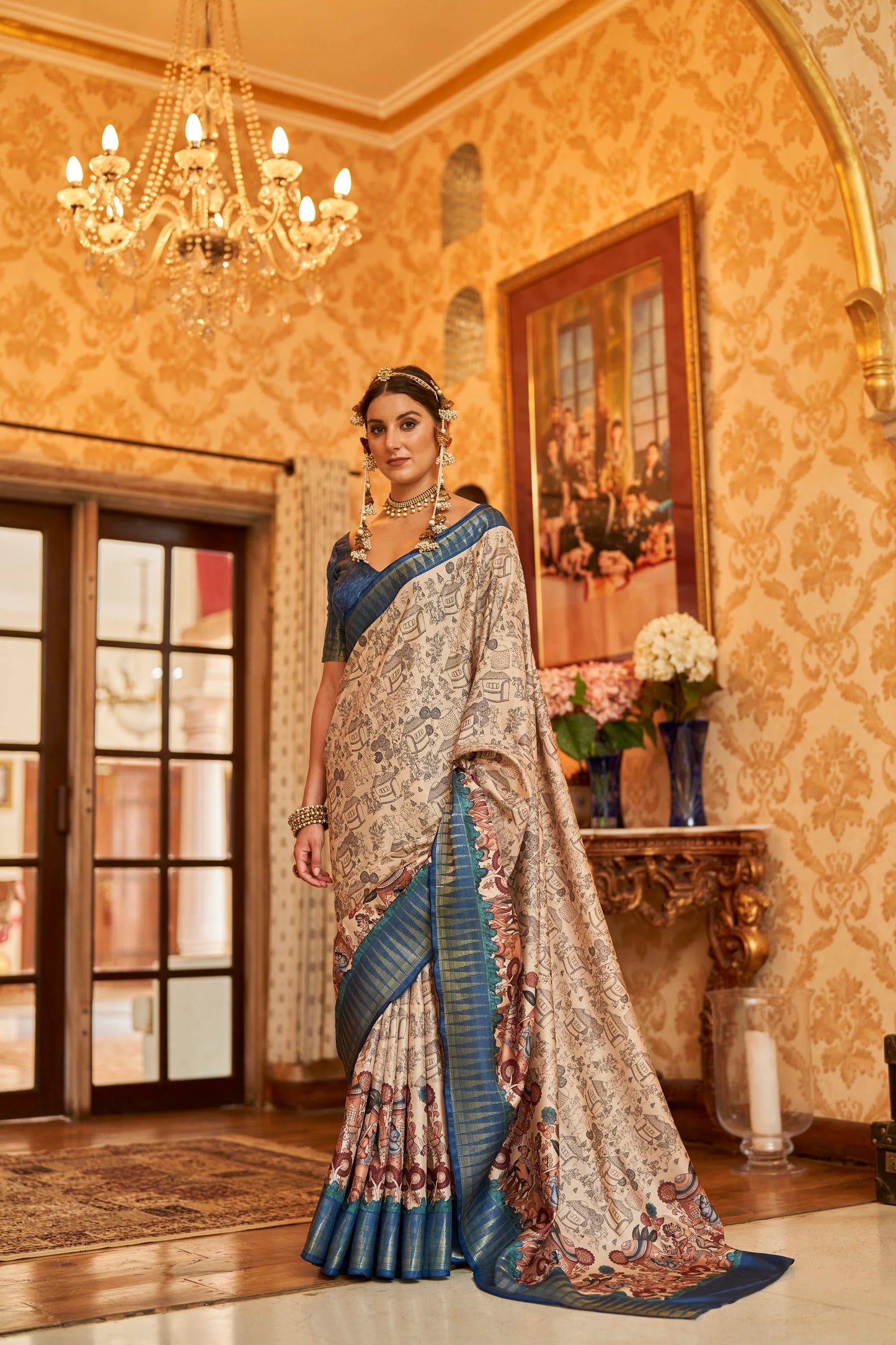 Kalamkari Digital Printed Semi Silk Saree - Blue temple Border