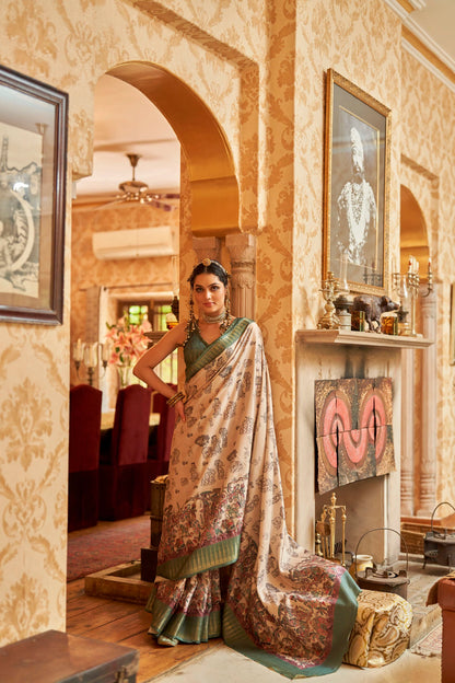 Kalamkari Digital Printed Semi Silk Saree - Green temple Border