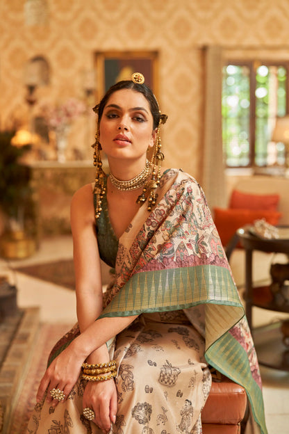 Kalamkari Digital Printed Semi Silk Saree - Green temple Border