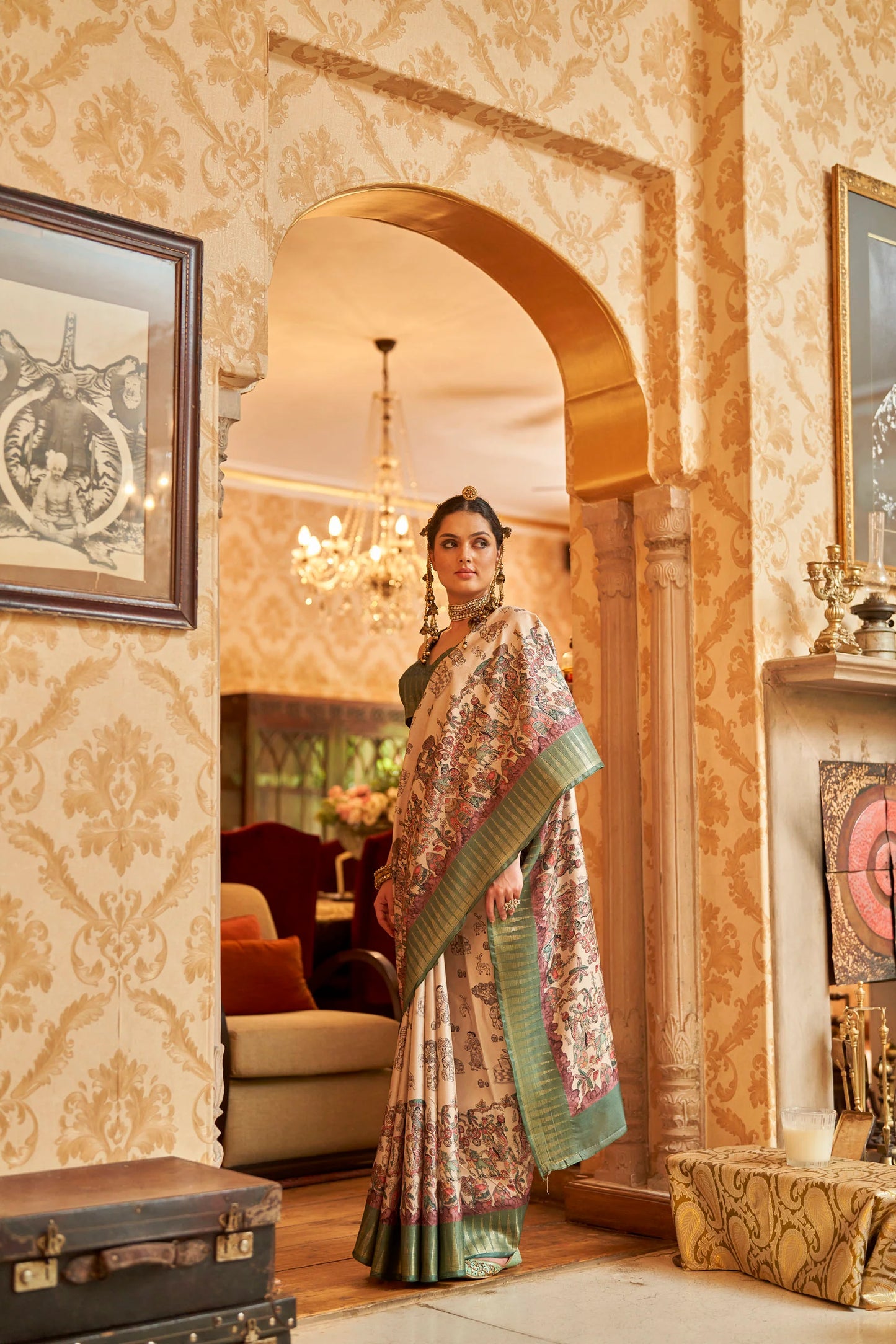 Kalamkari Digital Printed Semi Silk Saree - Green temple Border