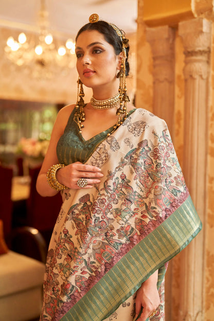 Kalamkari Digital Printed Semi Silk Saree - Green temple Border