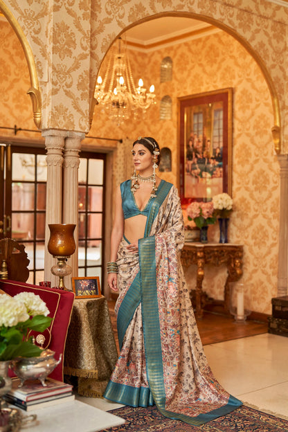 Kalamkari Digital Printed Semi Silk Saree - Sky temple Border