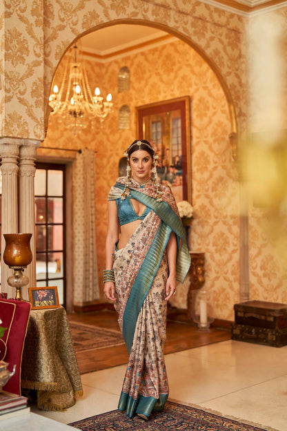 Kalamkari Digital Printed Semi Silk Saree - Sky temple Border