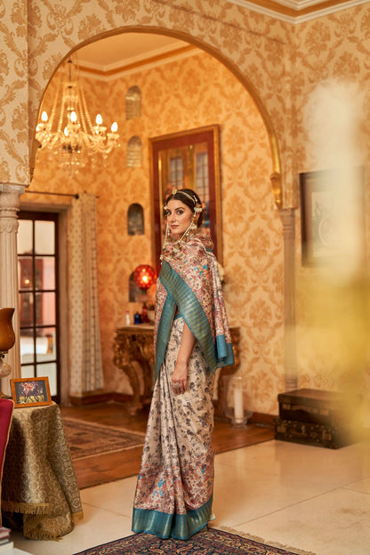 Kalamkari Digital Printed Semi Silk Saree - Sky temple Border