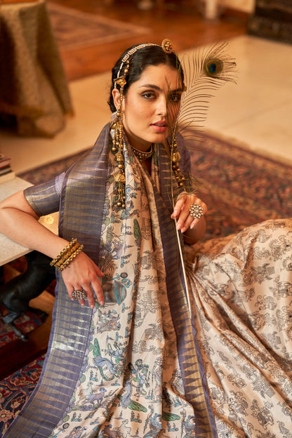 Kalamkari Digital Printed Semi Silk Saree - Grey Temple Border