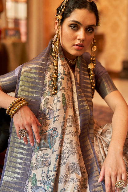 Kalamkari Digital Printed Semi Silk Saree - Grey Temple Border