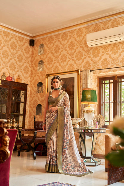 Kalamkari Digital Printed Semi Silk Saree - Moss Green Temple Border