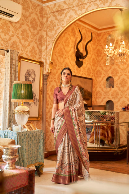 Kalamkari Digital Printed Semi Silk Saree - Moss Green Temple Border