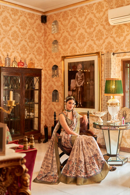 Kalamkari Digital Printed Semi Silk Saree - Moss Green Temple Border