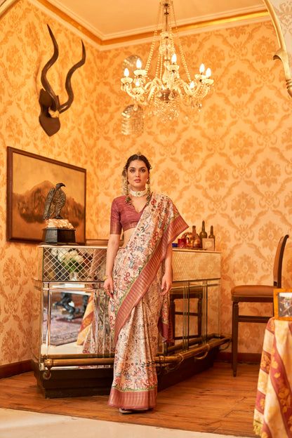 Kalamkari Digital Printed Semi Silk Saree - Multi temple border