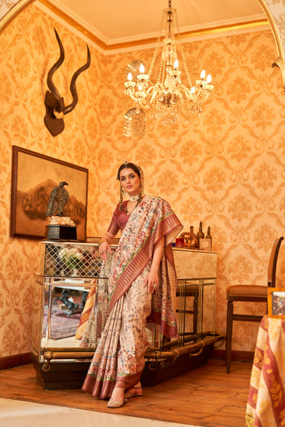 Kalamkari Digital Printed Semi Silk Saree - Multi temple border