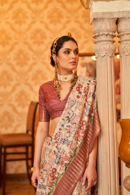 Kalamkari Digital Printed Semi Silk Saree - Multi temple border