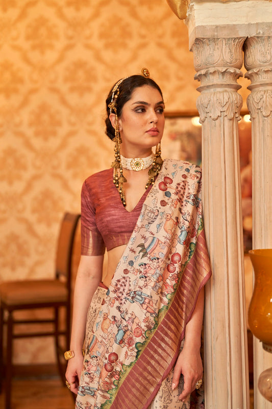 Kalamkari Digital Printed Semi Silk Saree - Multi temple border