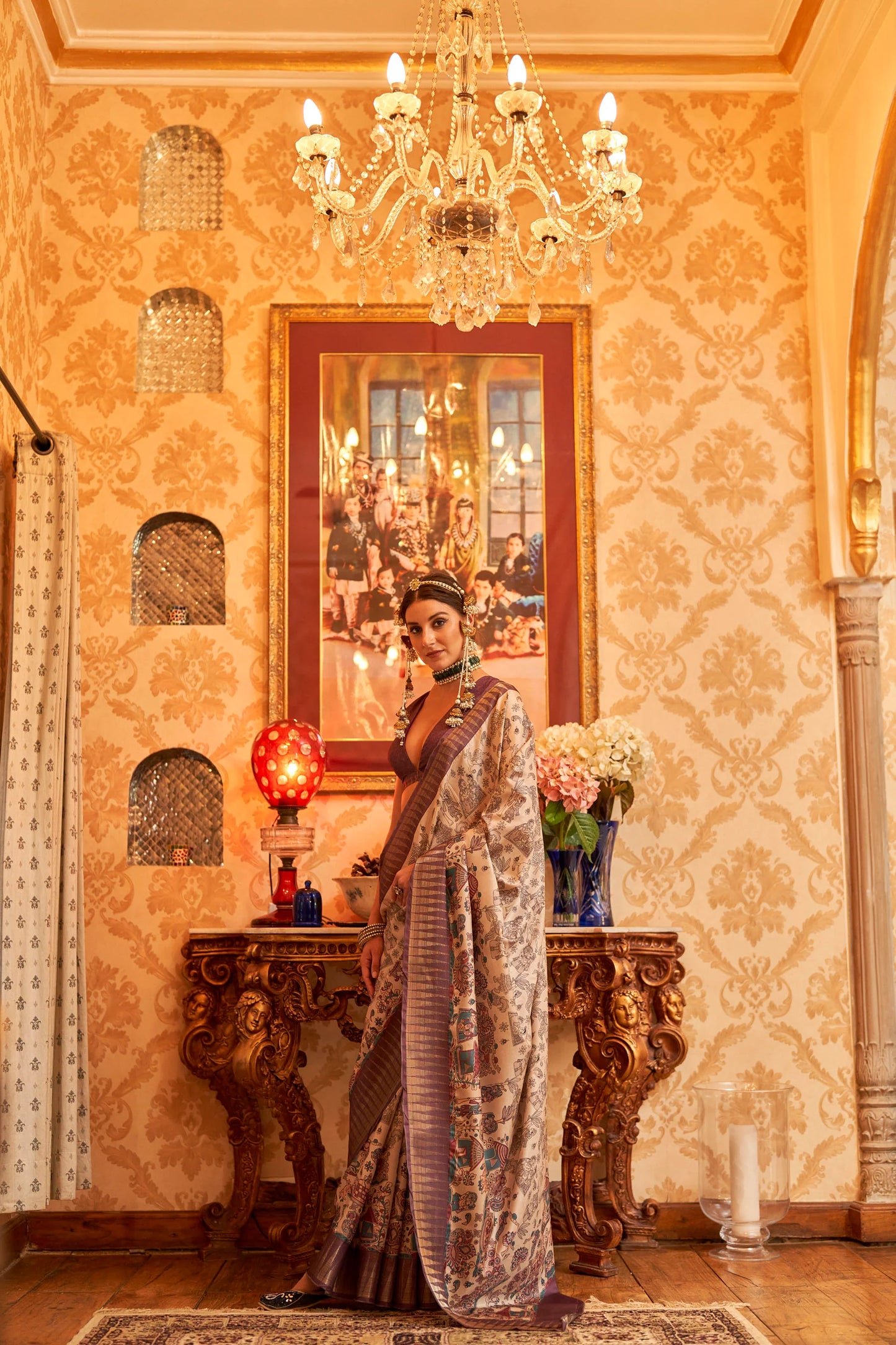 Kalamkari Digital Printed Semi Silk Saree - Purple Temple Border
