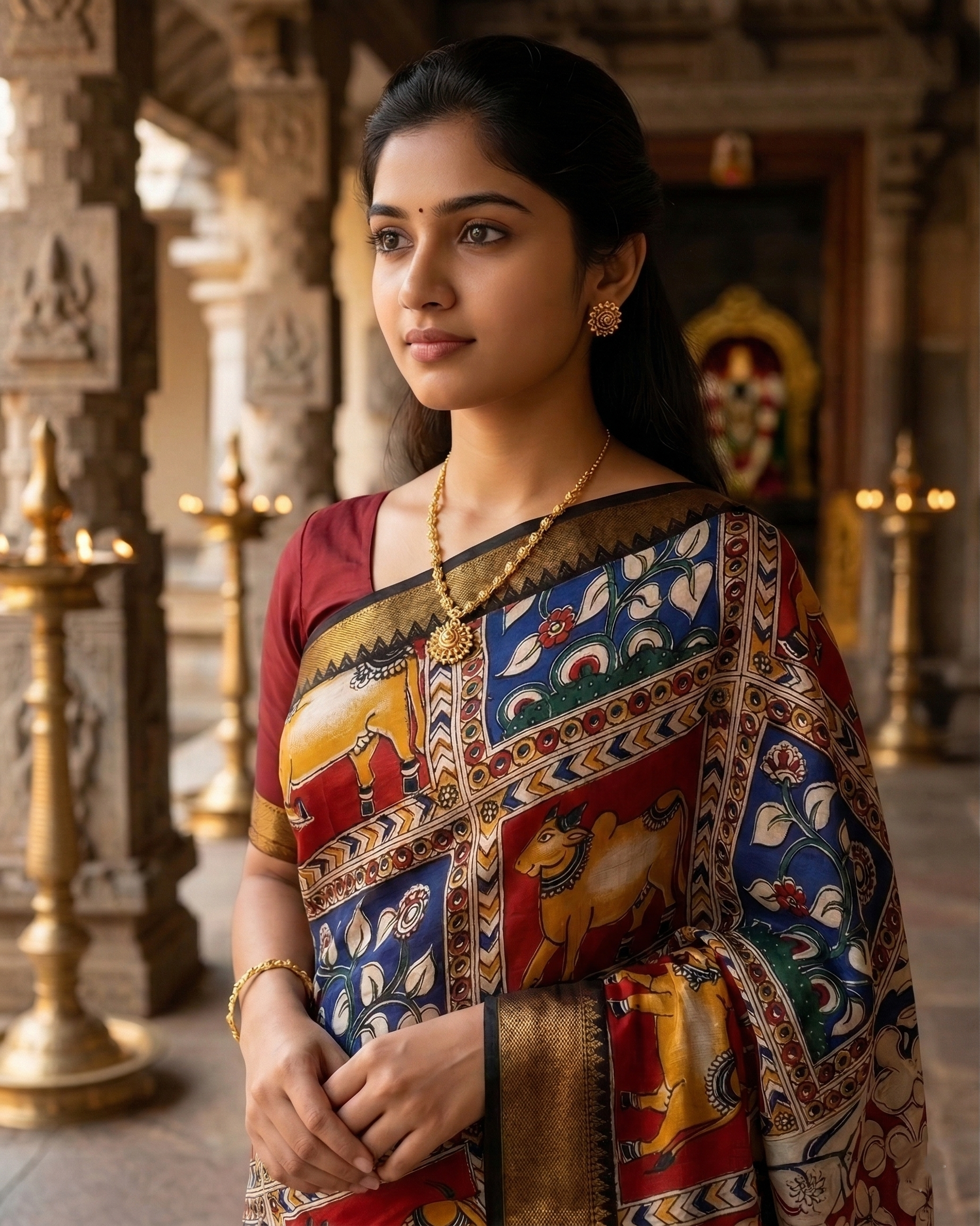 Kalamkari Mangalagiri silk Kanchi border saree- Nandi