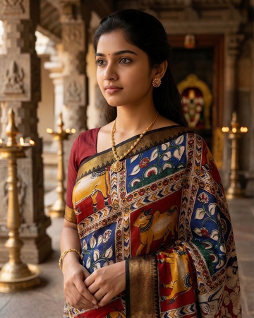 Kalamkari Mangalagiri silk Kanchi border saree- Nandi