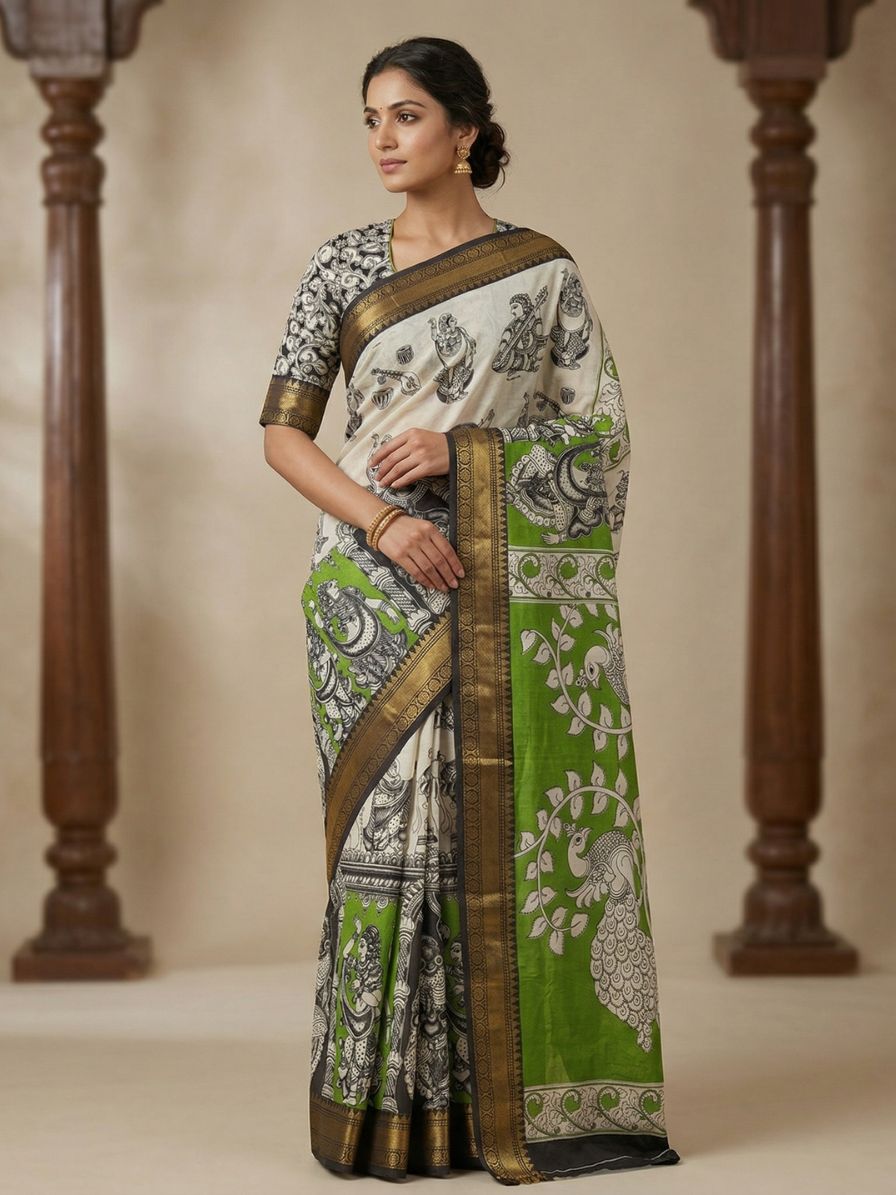 Kalamkari Mangalagiri silk Kanchi border saree- green nataraj
