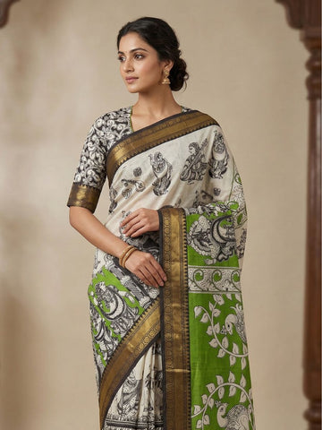 Kalamkari Mangalagiri silk Kanchi border saree- green nataraj