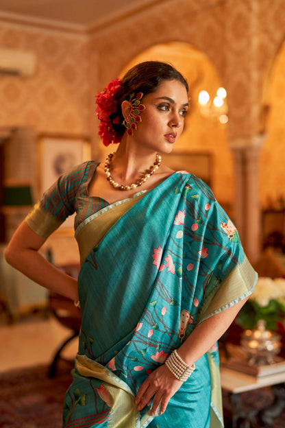 Kalamkari Digital Printed Semi Silk Saree - Blue Pichwai