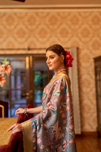 Kalamkari Digital Printed Semi Silk Saree - Grey Pichwai