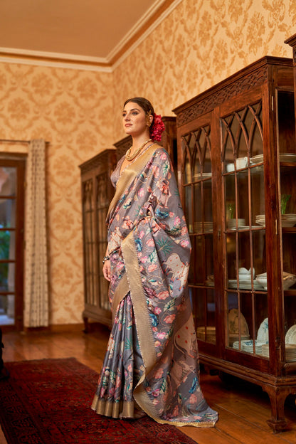 Kalamkari Digital Printed Semi Silk Saree - Grey Pichwai