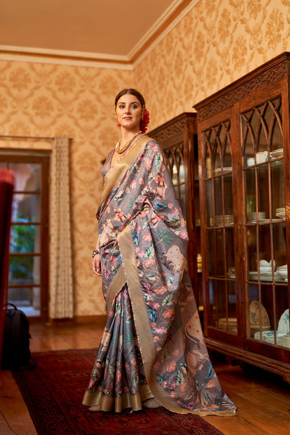 Kalamkari Digital Printed Semi Silk Saree - Grey Pichwai