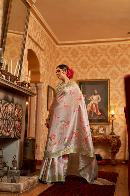 Kalamkari Digital Printed Semi Silk Saree - Grey silky Flamingo