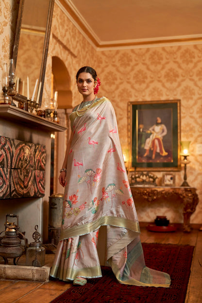 Kalamkari Digital Printed Semi Silk Saree - Grey silky Flamingo