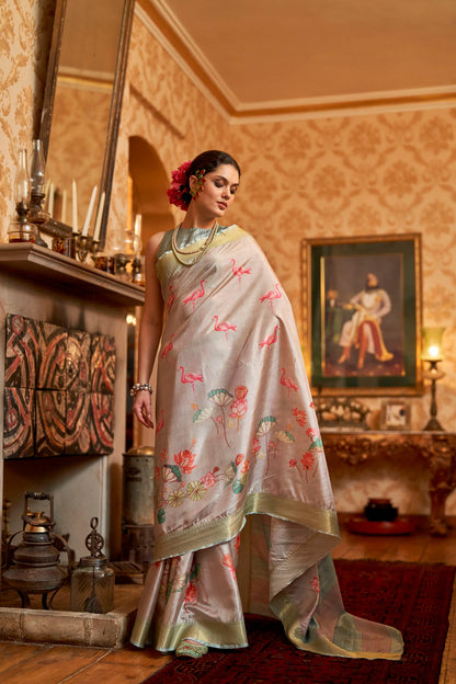 Kalamkari Digital Printed Semi Silk Saree - Grey silky Flamingo