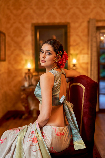 Kalamkari Digital Printed Semi Silk Saree - Grey silky Flamingo