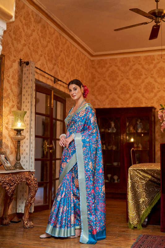 Kalamkari Digital Printed Semi Silk Saree - Blue Kalamkari Floral