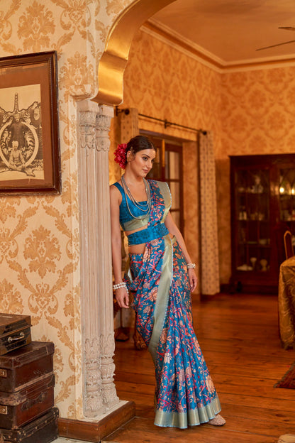 Kalamkari Digital Printed Semi Silk Saree - Blue Kalamkari Floral