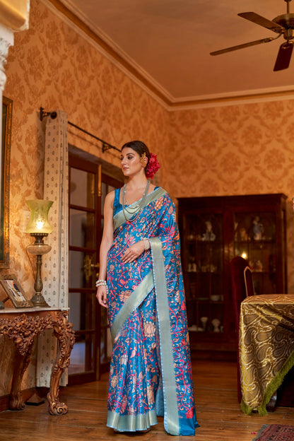 Kalamkari Digital Printed Semi Silk Saree - Blue Kalamkari Floral