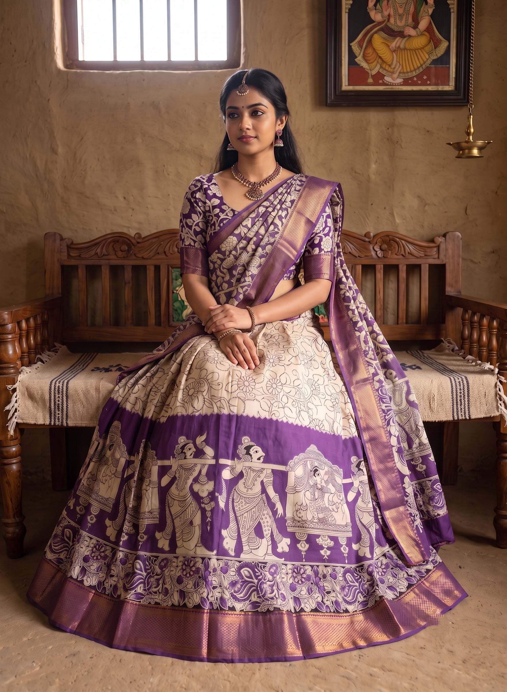 Kalamkari Silk Unstitched Lehenga Fabric 3pcs Set - purple