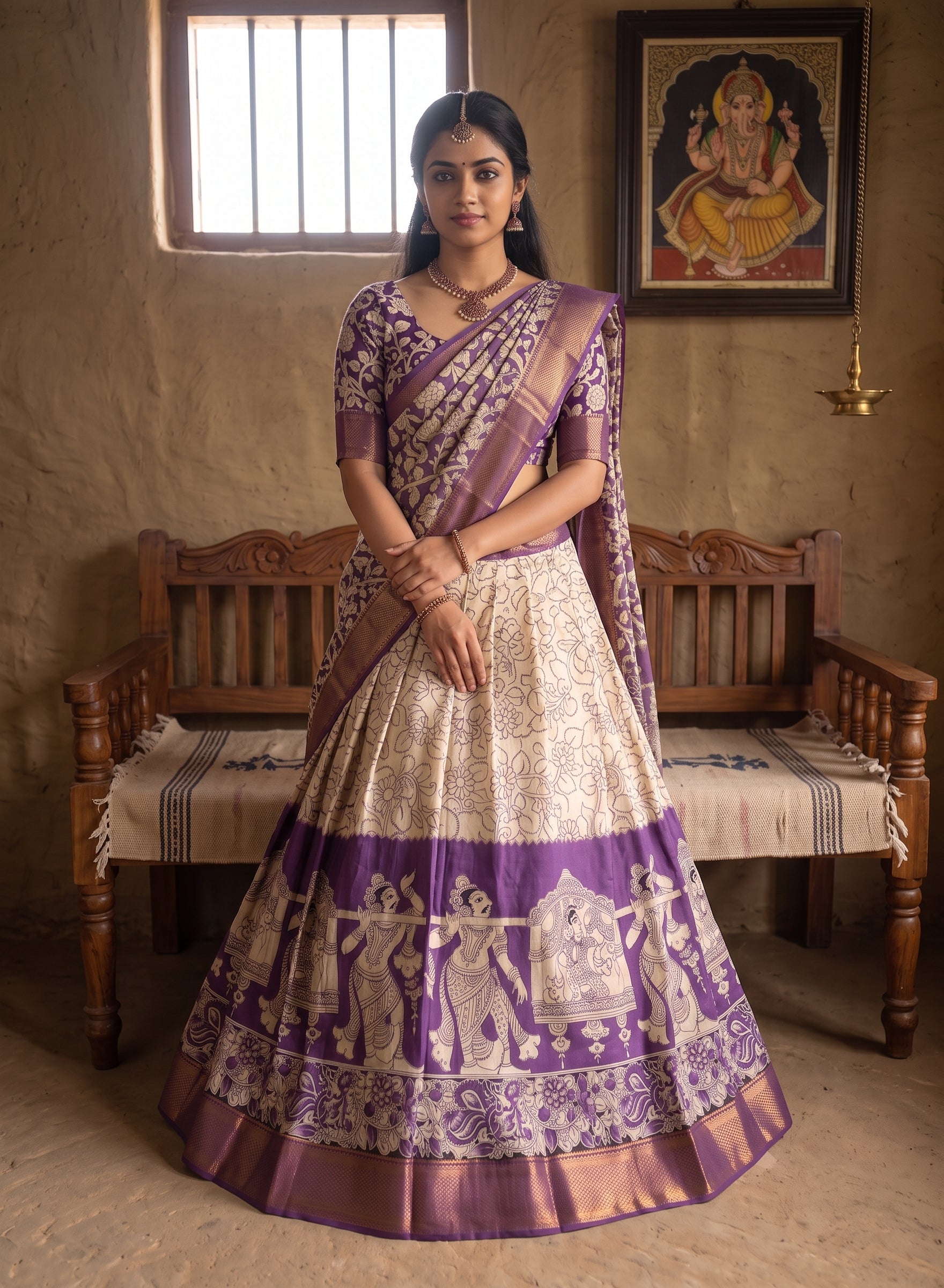 Kalamkari Silk Unstitched Lehenga Fabric 3pcs Set - purple