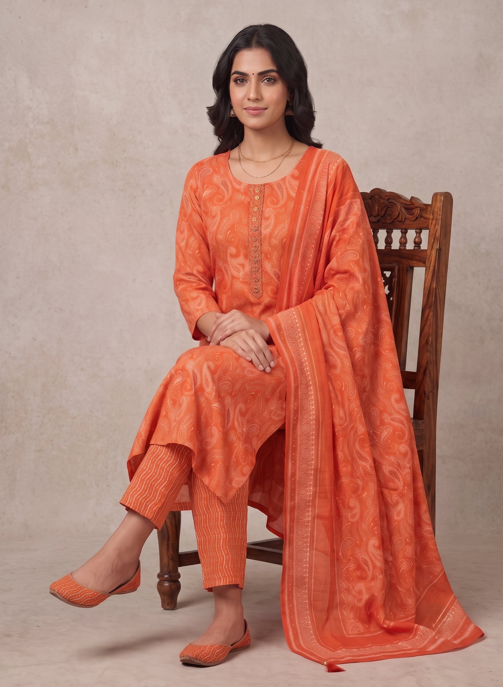 Rust Orange Chiffon Suit with Dupatta-Set of 3