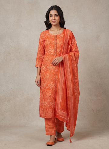Rust Orange Chiffon Suit with Dupatta-Set of 3