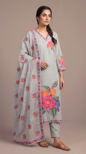 Green Mul Cotton Suit with Dupatta-set of 3