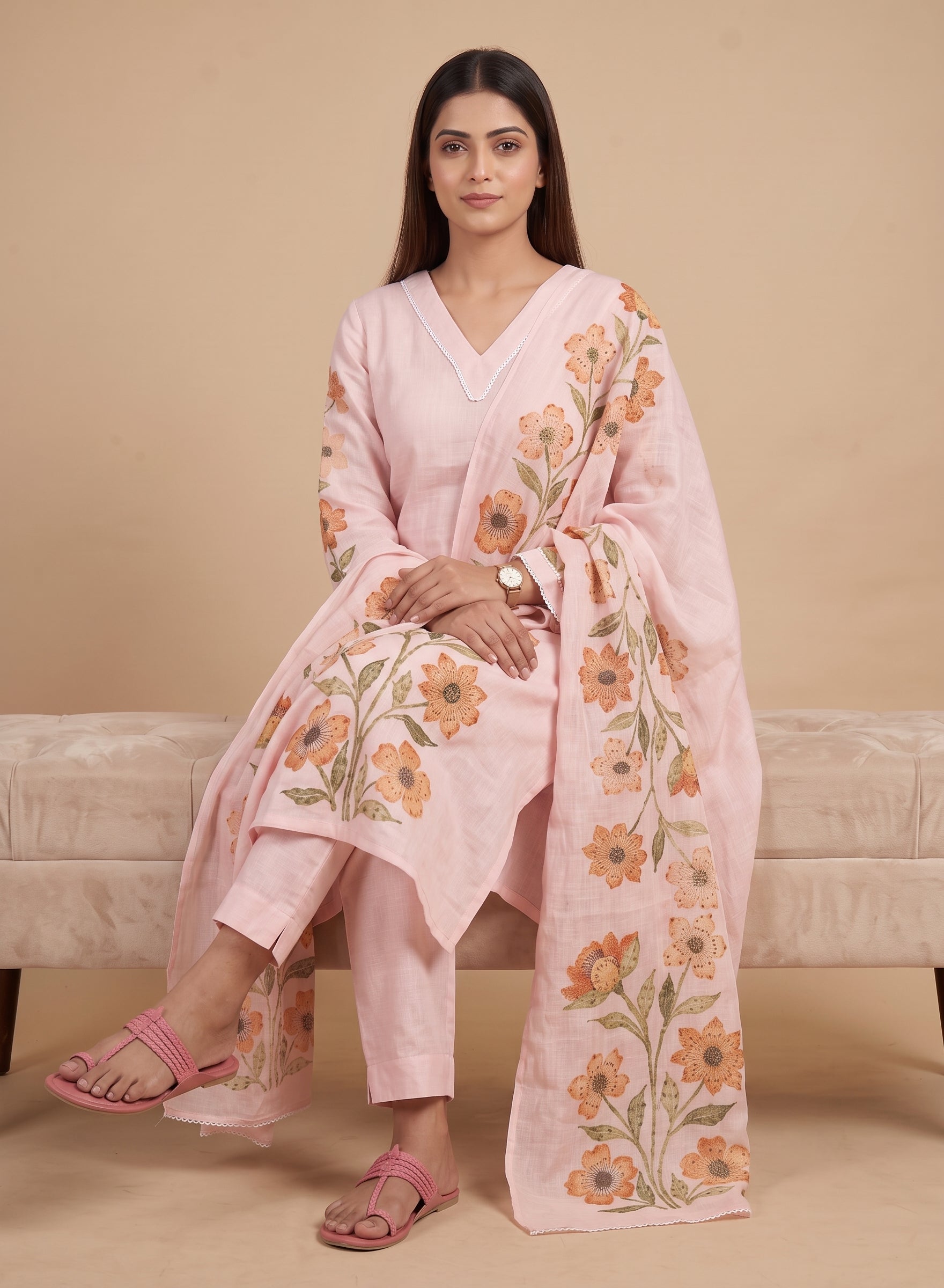 Pastel Pink Cotton Suit with Bullion work-set of 3