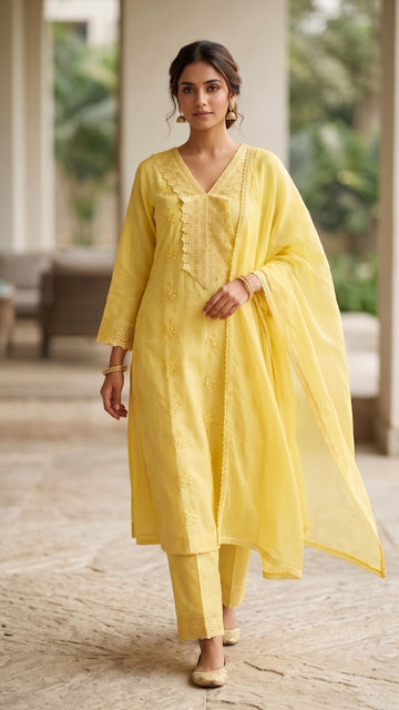 yellow salwar suit set with dupatta - set of 3