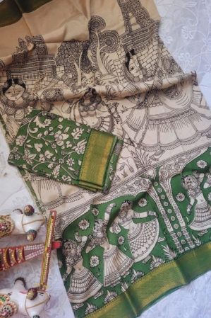 Kalamkari Silk Unstitched Lehenga Fabric 3pcs Set - Dark Green