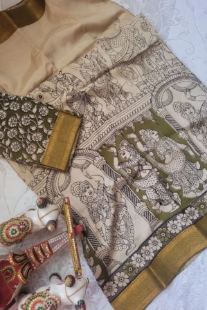 Kalamkari Silk Unstitched Lehenga Fabric 3pcs Set - Light Green