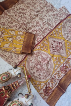 Kalamkari Silk Unstitched Lehenga Fabric 3pcs Set - Yellow