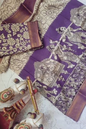 Kalamkari Silk Unstitched Lehenga Fabric 3pcs Set - purple