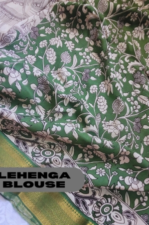 Alternative view of Kalamkari Silk Unstitched Lehenga Fabric 3pcs Set - Dark Green