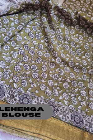 Alternative view of Kalamkari Silk Unstitched Lehenga Fabric 3pcs Set - Light Green